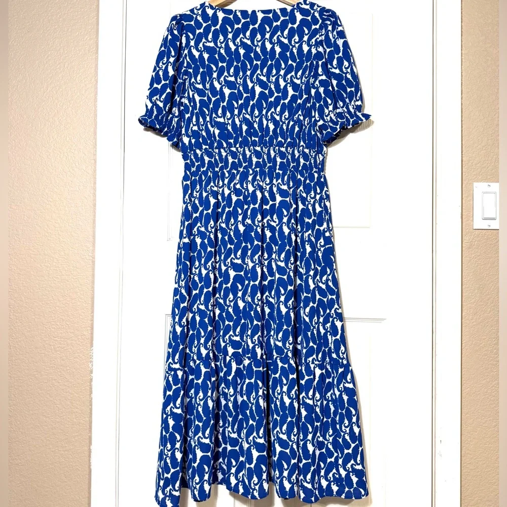 Talbots Size 8 Blue and White Midi Dress Romantic Casual Coastal Butterfly Fairy - Picture 4 of 11